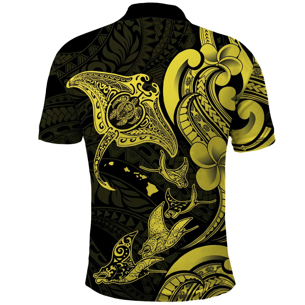 Hawaiian Manta Rays Polo Shirt Tribal Hibiscus Polynesian Tattoos Yellow Color - Polynesian Pride
