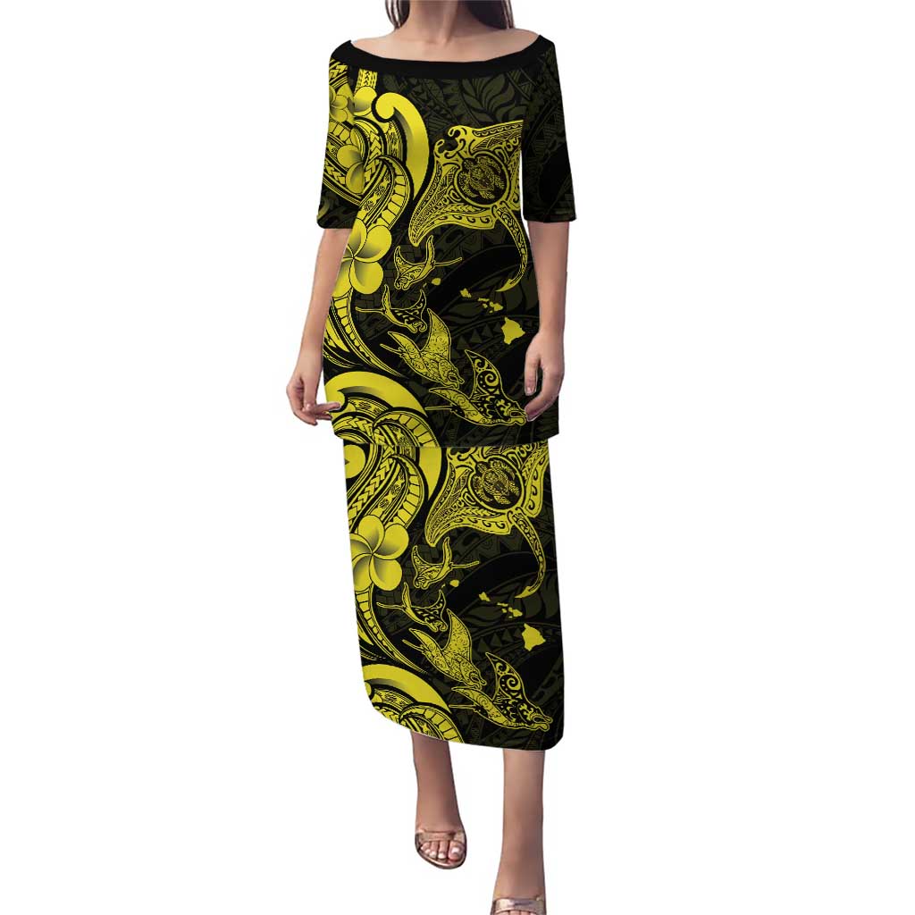 Hawaiian Manta Rays Puletasi Tribal Hibiscus Polynesian Tattoos Yellow Color - Polynesian Pride