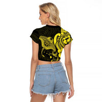 Hawaiian Manta Rays Raglan Cropped T Shirt Tribal Hibiscus Polynesian Tattoos Yellow Color - Polynesian Pride