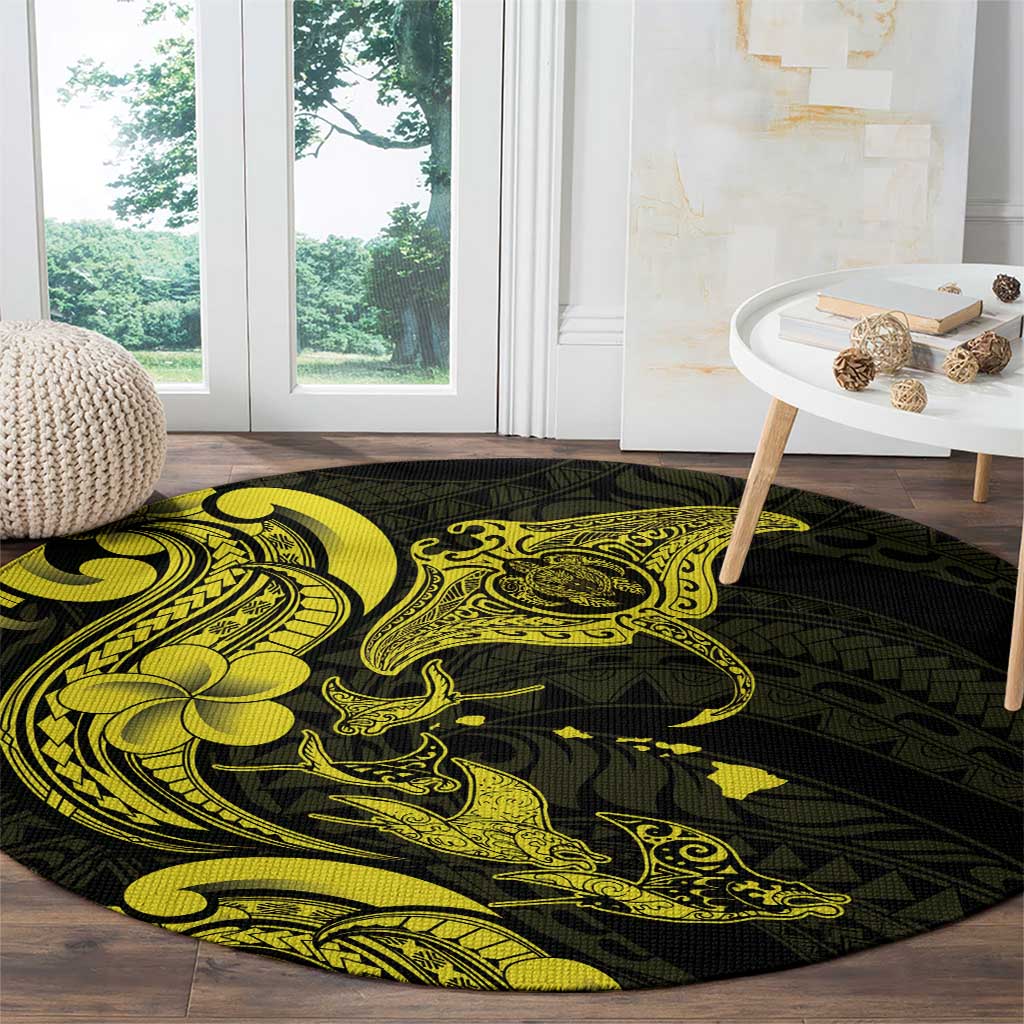 Hawaiian Manta Rays Round Carpet Tribal Hibiscus Polynesian Tattoos Yellow Color - Polynesian Pride
