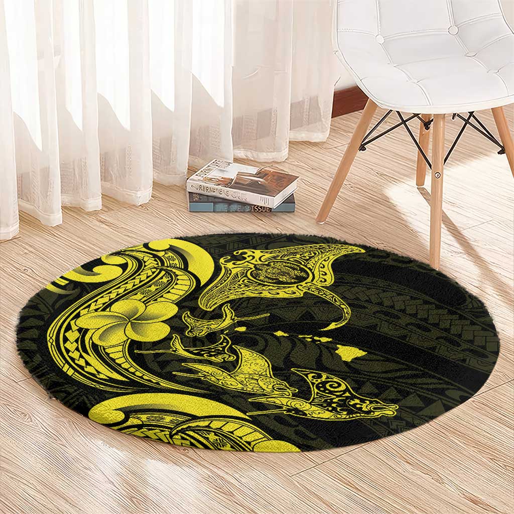Hawaiian Manta Rays Round Carpet Tribal Hibiscus Polynesian Tattoos Yellow Color - Polynesian Pride