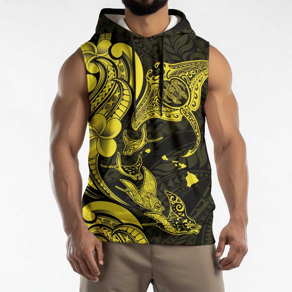 Hawaiian Manta Rays Sleeveless Hoodie Tribal Hibiscus Polynesian Tattoos Yellow Color - Polynesian Pride