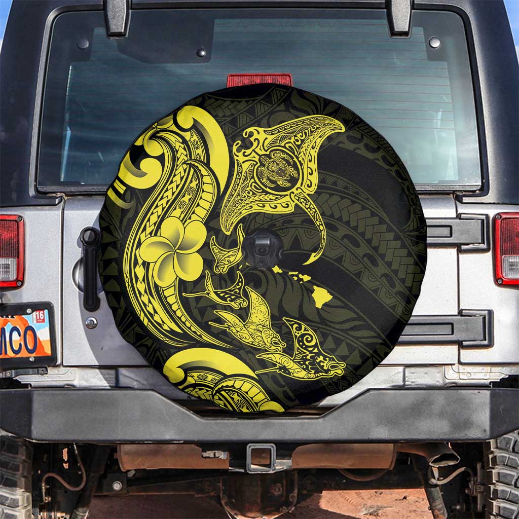 Hawaiian Manta Rays Spare Tire Cover Tribal Hibiscus Polynesian Tattoos Yellow Color - Polynesian Pride