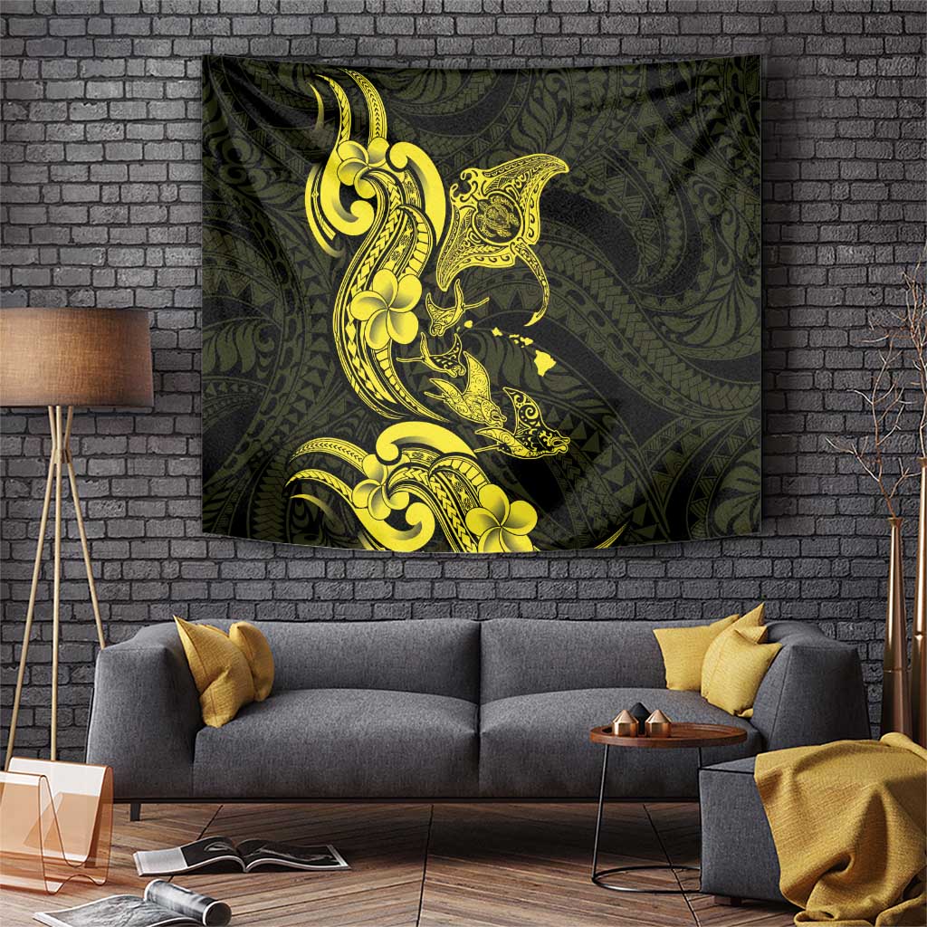 Hawaiian Manta Rays Tapestry Tribal Hibiscus Polynesian Tattoos Yellow Color - Polynesian Pride