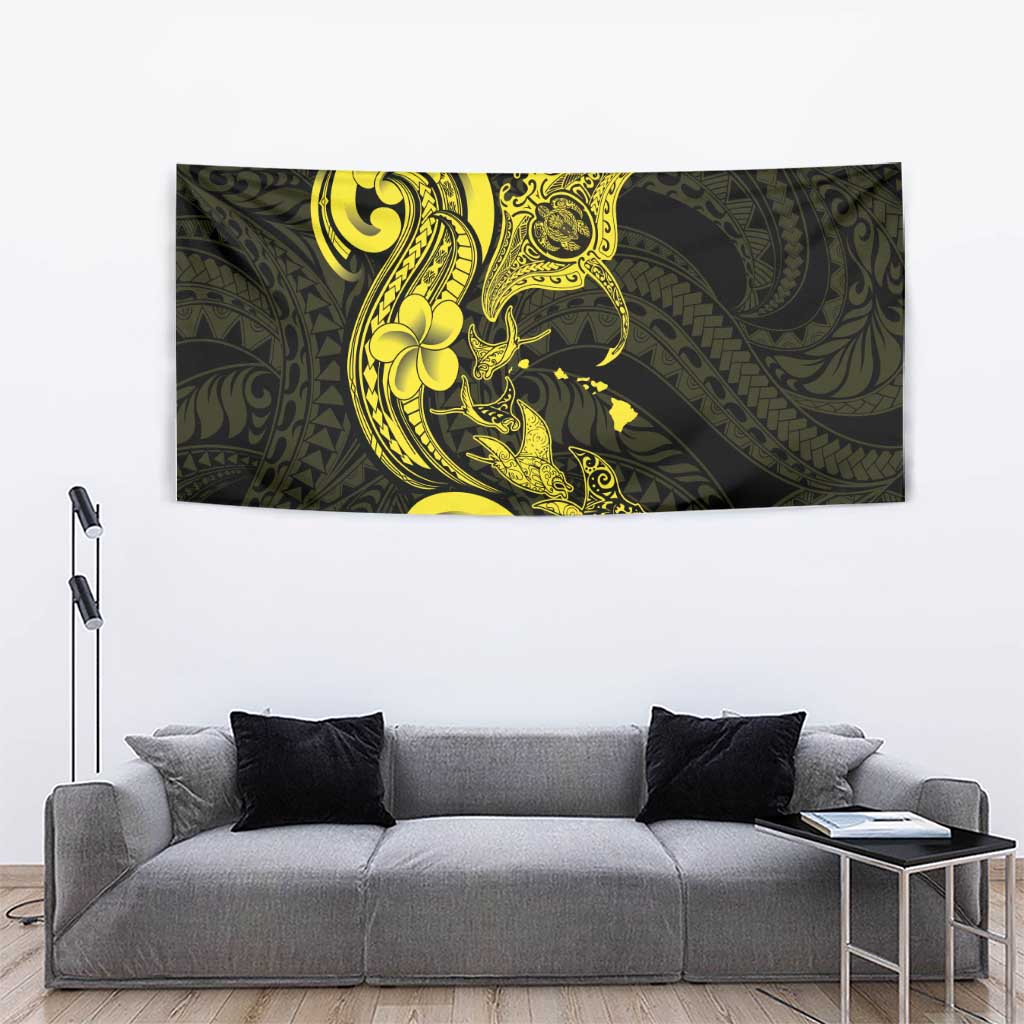 Hawaiian Manta Rays Tapestry Tribal Hibiscus Polynesian Tattoos Yellow Color - Polynesian Pride