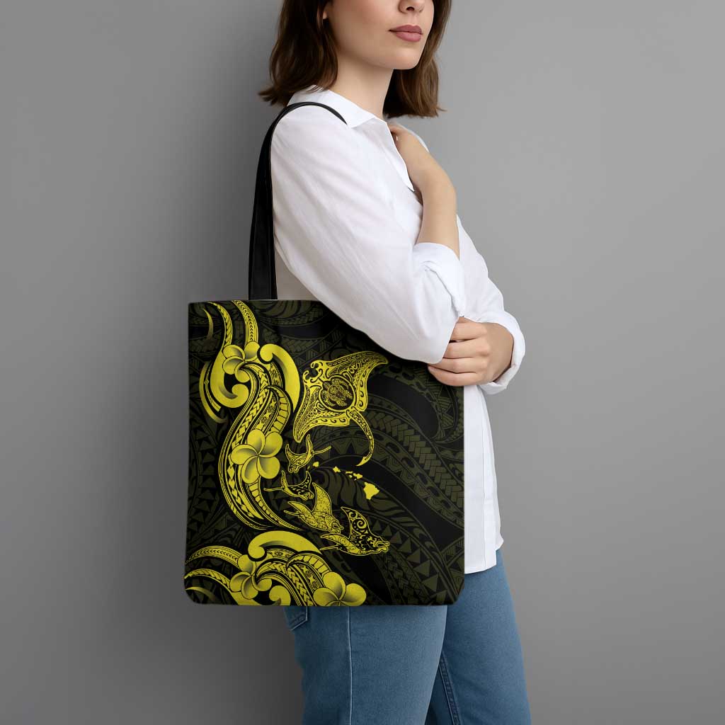 Hawaiian Manta Rays Tote Bag Tribal Hibiscus Polynesian Tattoos Yellow Color - Polynesian Pride