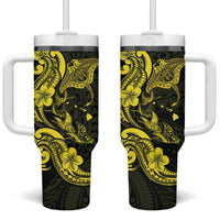 Hawaiian Manta Rays Tumbler With Handle Tribal Hibiscus Polynesian Tattoos Yellow Color - Polynesian Pride
