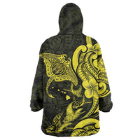 Hawaiian Manta Rays Wearable Blanket Hoodie Tribal Hibiscus Polynesian Tattoos Yellow Color - Polynesian Pride