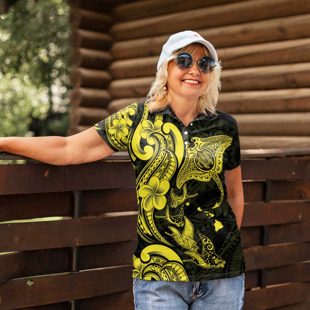 Hawaiian Manta Rays Women Polo Shirt Tribal Hibiscus Polynesian Tattoos Yellow Color - Polynesian Pride