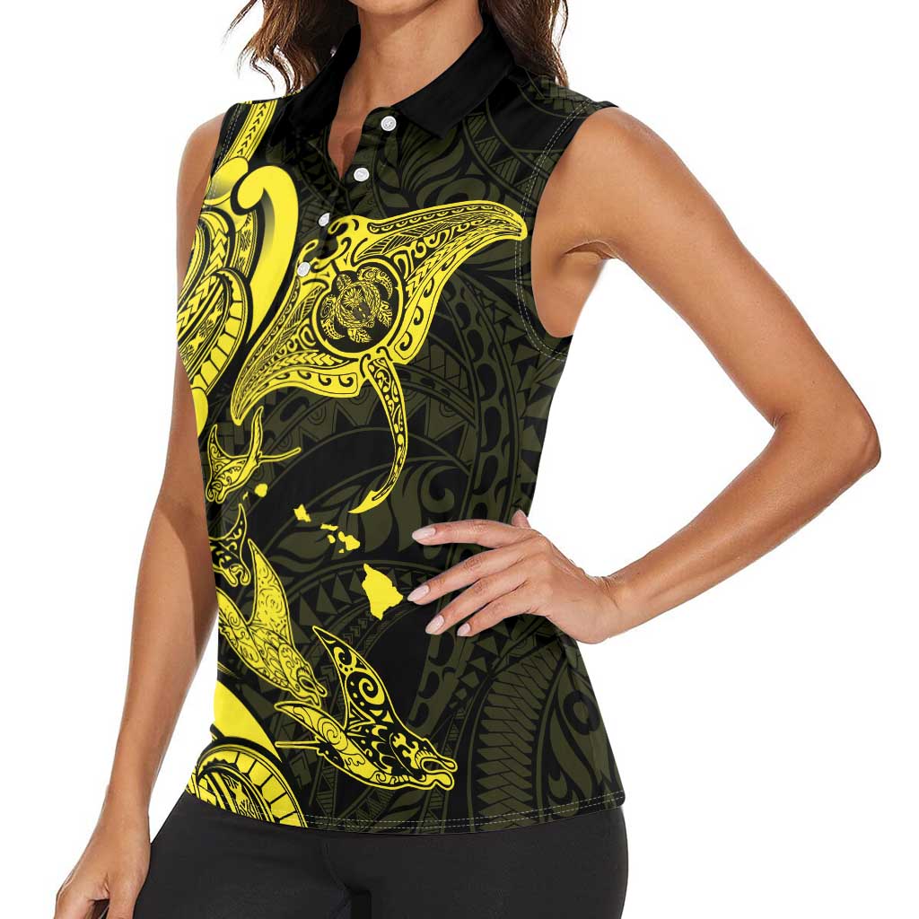 Hawaiian Manta Rays Women Sleeveless Polo Shirt Tribal Hibiscus Polynesian Tattoos Yellow Color - Polynesian Pride