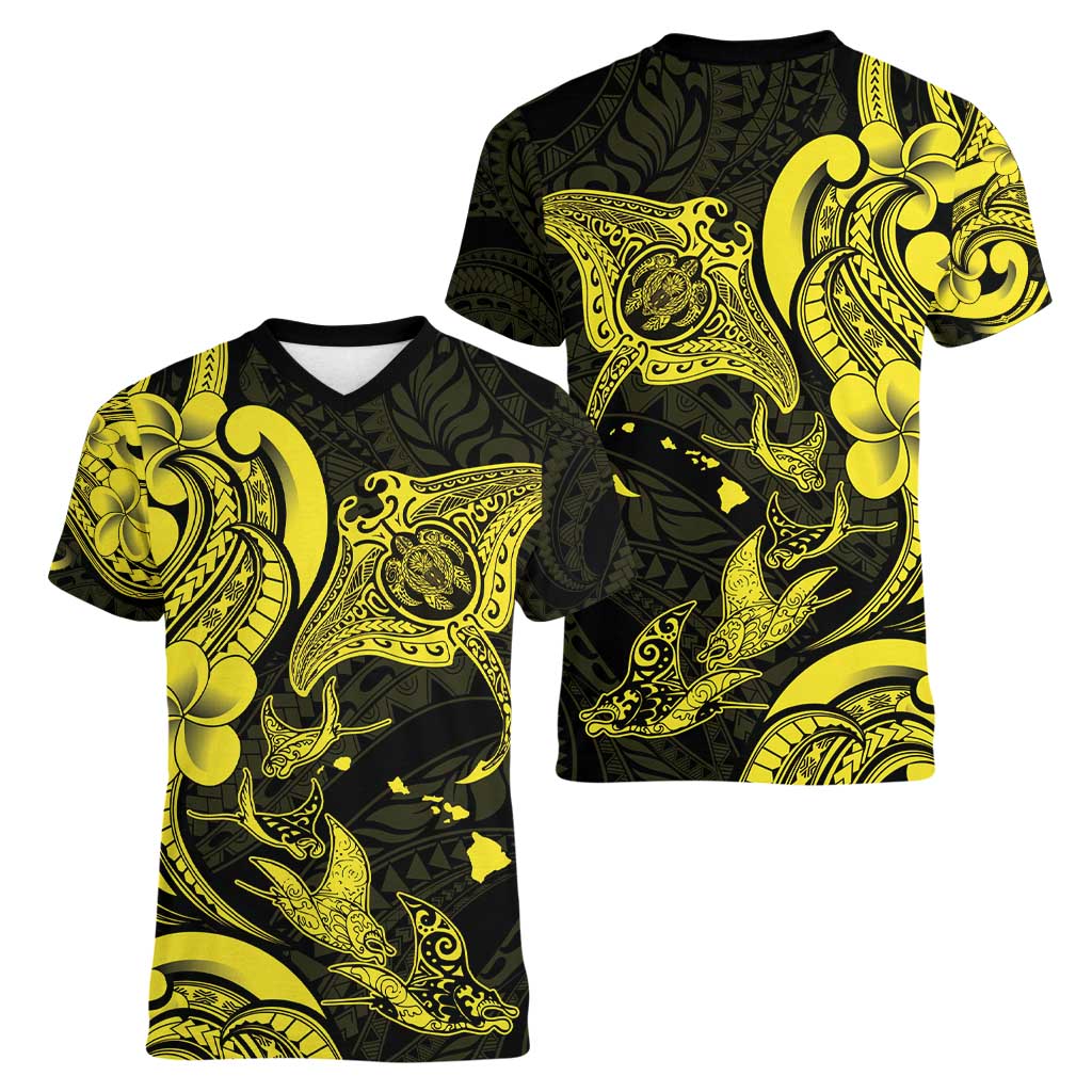 Hawaiian Manta Rays Women V-Neck T-Shirt Tribal Hibiscus Polynesian Tattoos Yellow Color - Polynesian Pride