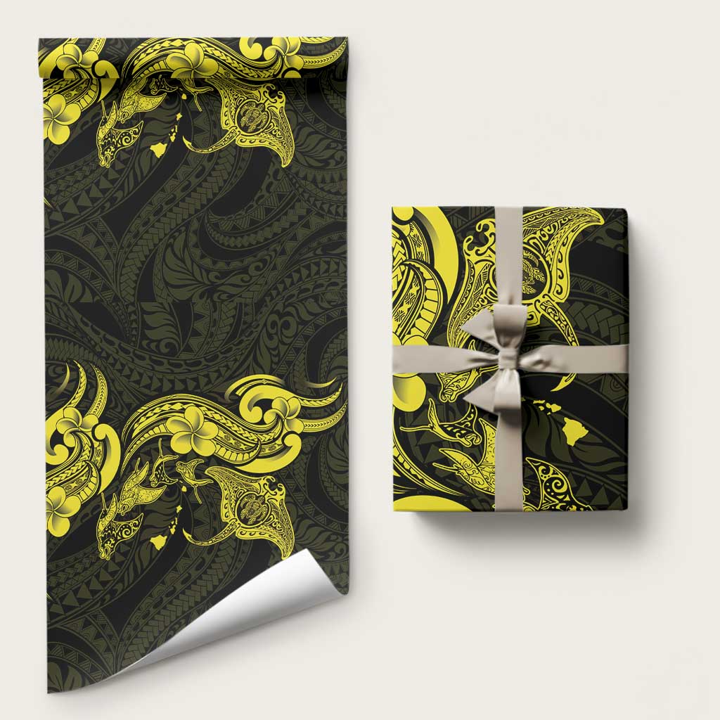 Hawaiian Manta Rays Wrapping Paper Tribal Hibiscus Polynesian Tattoos Yellow Color - Polynesian Pride