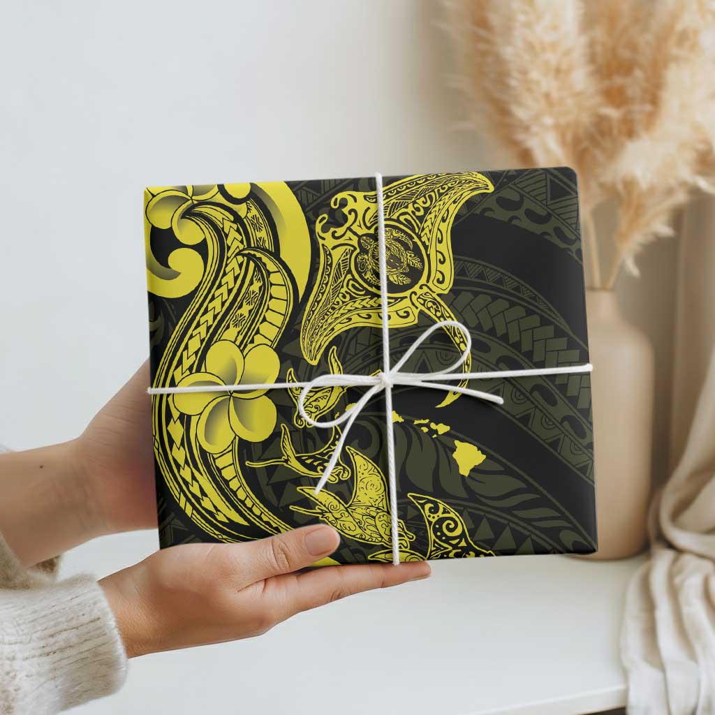 Hawaiian Manta Rays Wrapping Paper Tribal Hibiscus Polynesian Tattoos Yellow Color - Polynesian Pride