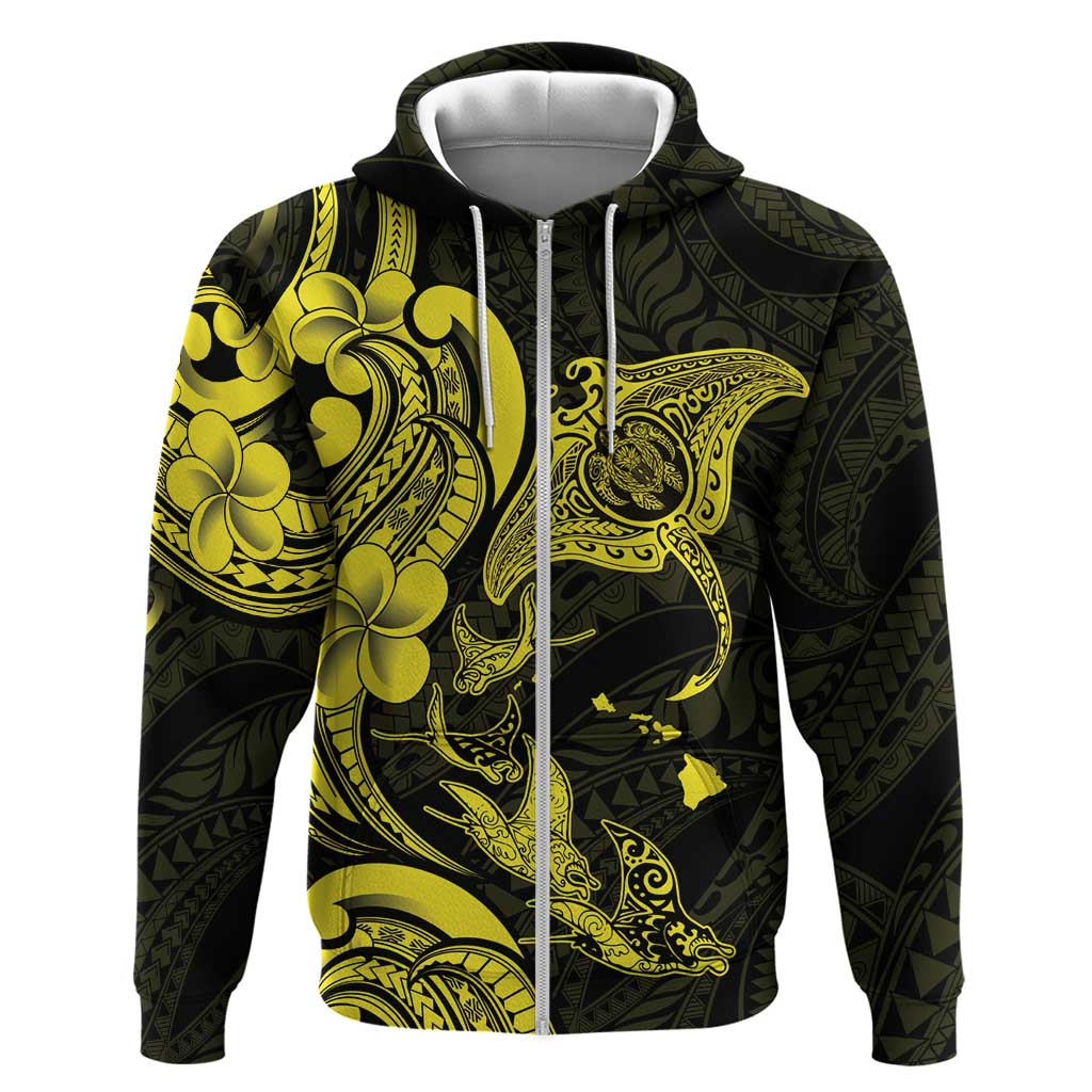 Hawaiian Manta Rays Zip Hoodie Tribal Hibiscus Polynesian Tattoos Yellow Color - Polynesian Pride