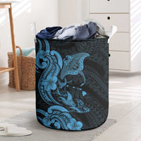 Hawaiian Manta Rays Laundry Basket Tribal Hibiscus Polynesian Tattoos Blue Color - Polynesian Pride