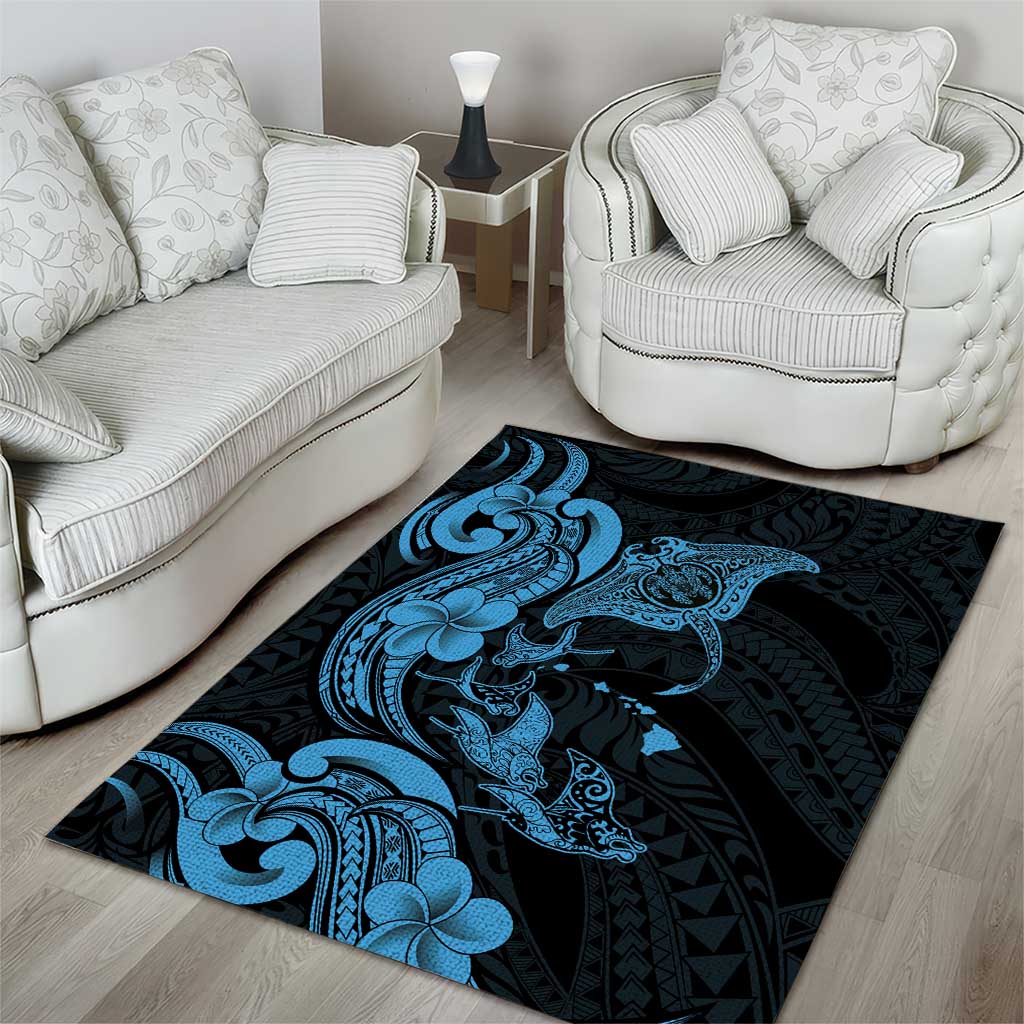 Hawaiian Manta Rays Area Rug Tribal Hibiscus Polynesian Tattoos Blue Color - Polynesian Pride