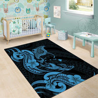 Hawaiian Manta Rays Area Rug Tribal Hibiscus Polynesian Tattoos Blue Color - Polynesian Pride