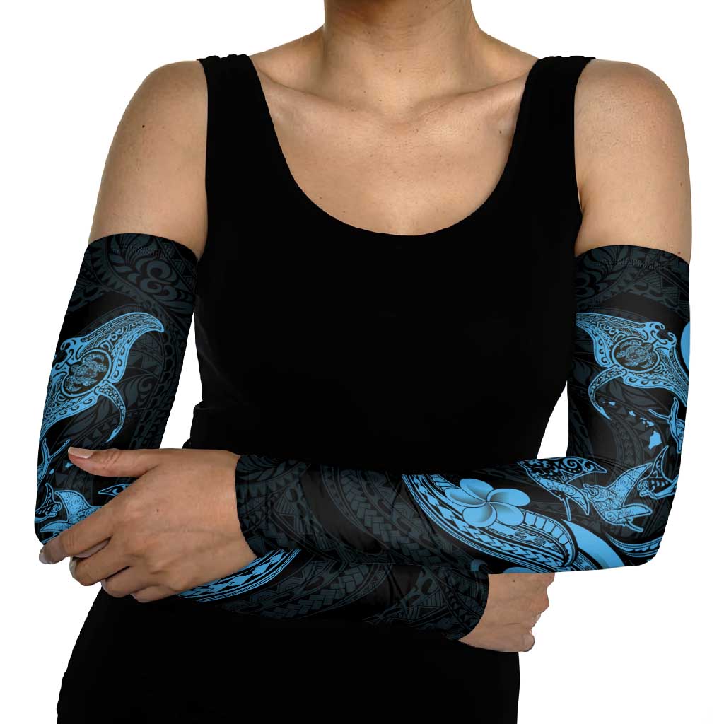 Hawaiian Manta Rays Arm Sleeves Tribal Hibiscus Polynesian Tattoos Blue Color - Polynesian Pride