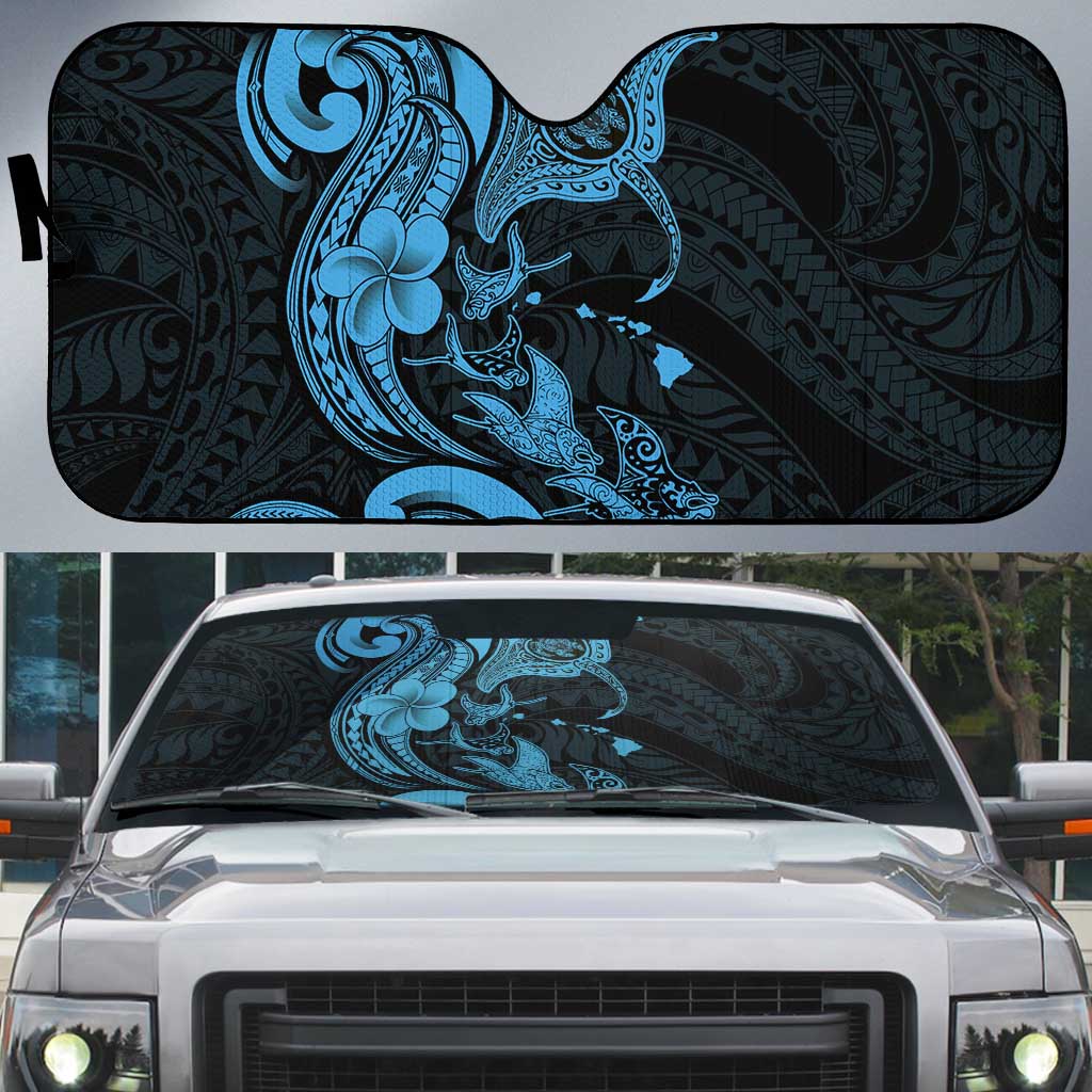 Hawaiian Manta Rays Auto Sun Shade Tribal Hibiscus Polynesian Tattoos Blue Color - Polynesian Pride