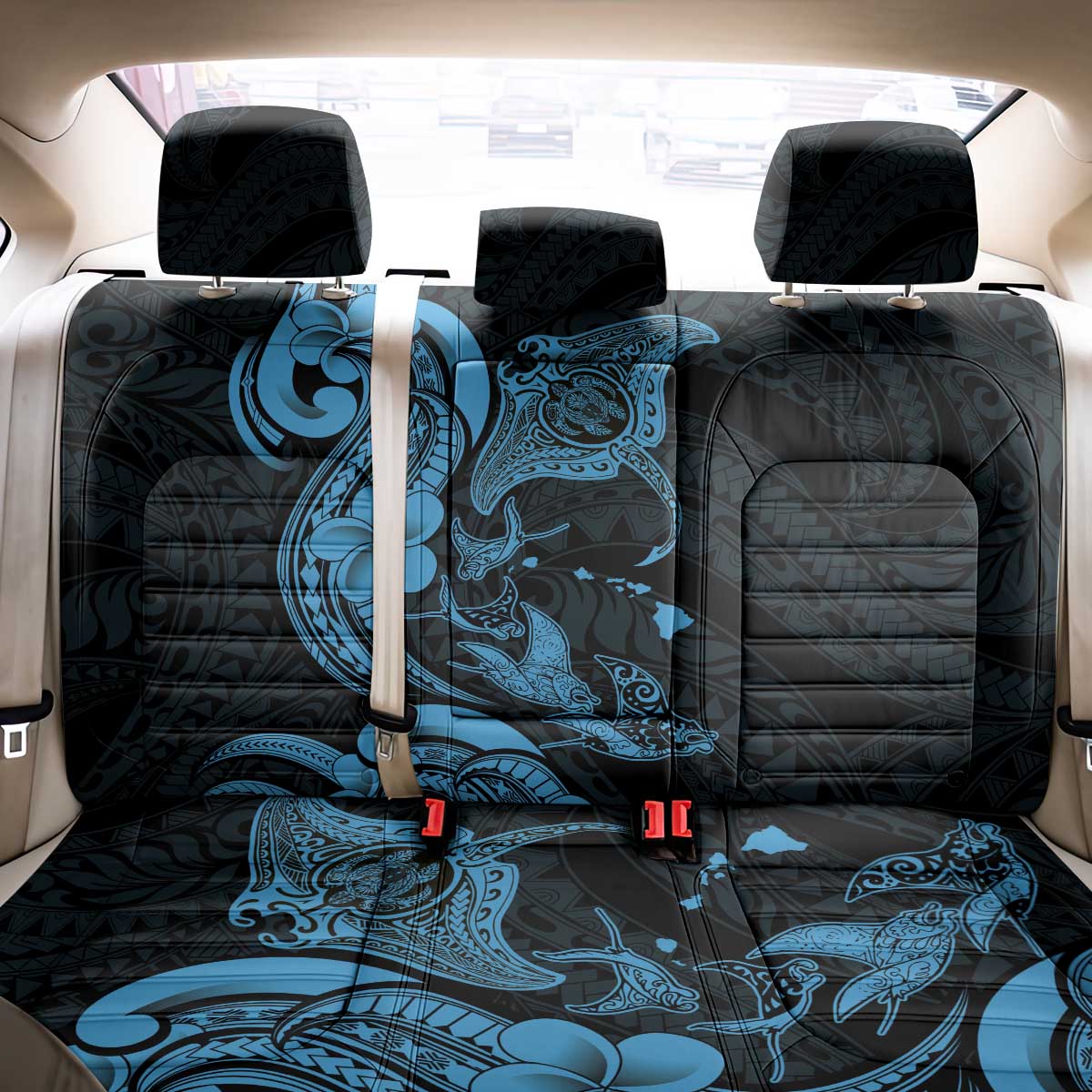 Hawaiian Manta Rays Back Car Seat Cover Tribal Hibiscus Polynesian Tattoos Blue Color - Polynesian Pride