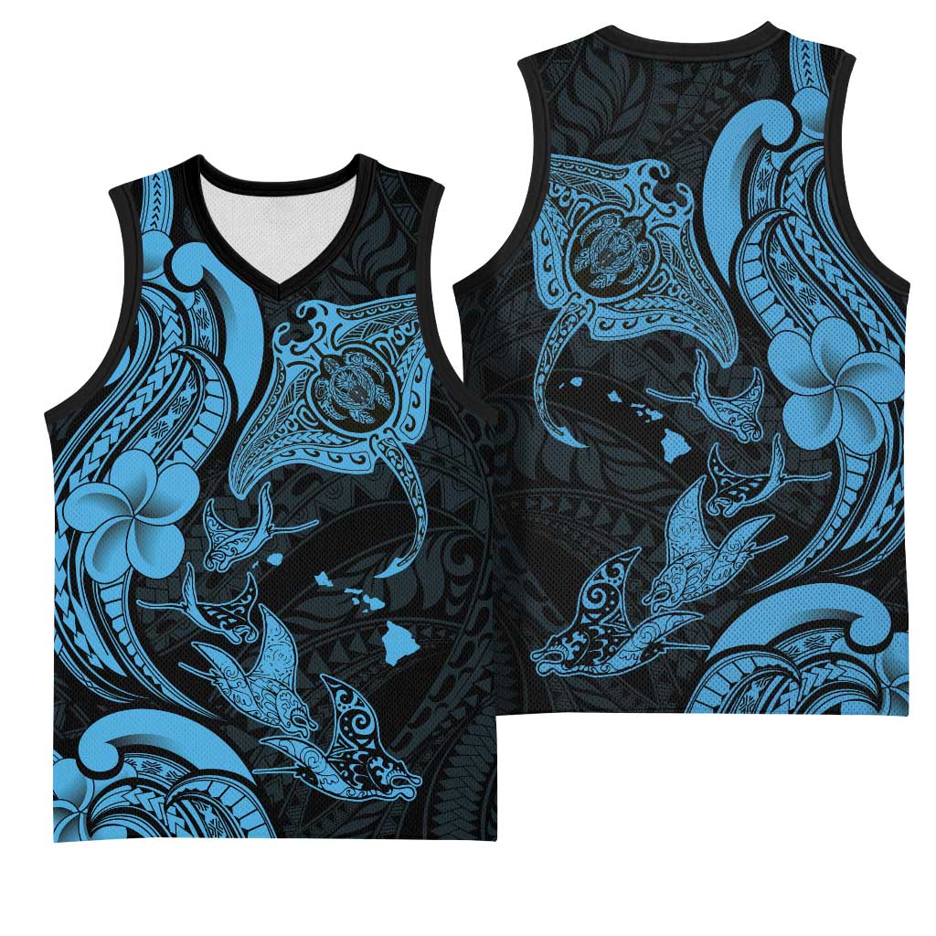 Hawaiian Manta Rays Basketball Jersey Tribal Hibiscus Polynesian Tattoos Blue Color - Polynesian Pride