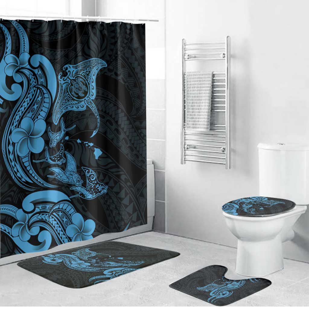 Hawaiian Manta Rays Bathroom Set Tribal Hibiscus Polynesian Tattoos Blue Color - Polynesian Pride