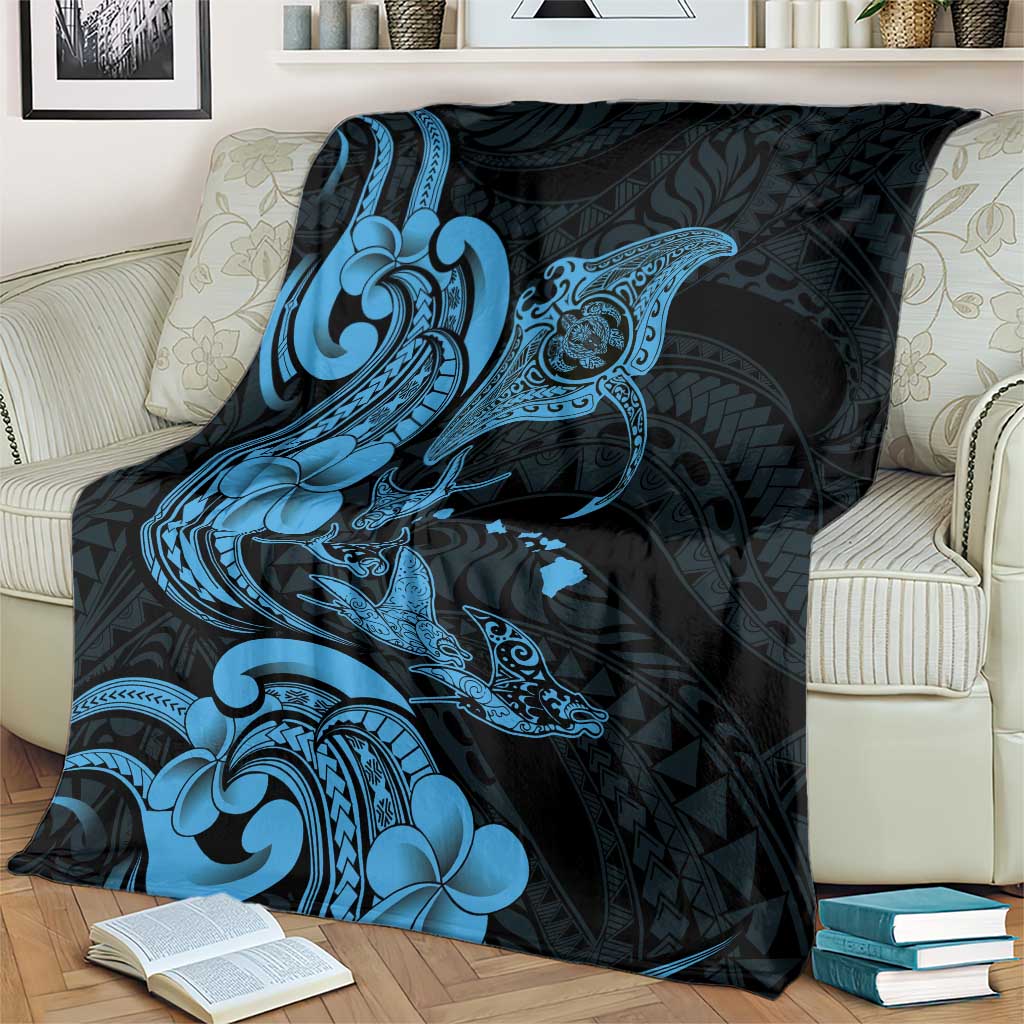 Hawaiian Manta Rays Blanket Tribal Hibiscus Polynesian Tattoos Blue Color - Polynesian Pride
