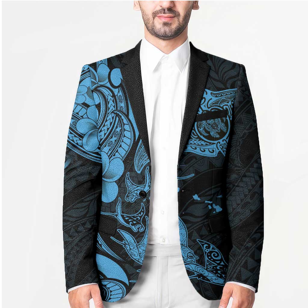 Hawaiian Manta Rays Blazer Tribal Hibiscus Polynesian Tattoos Blue Color - Polynesian Pride