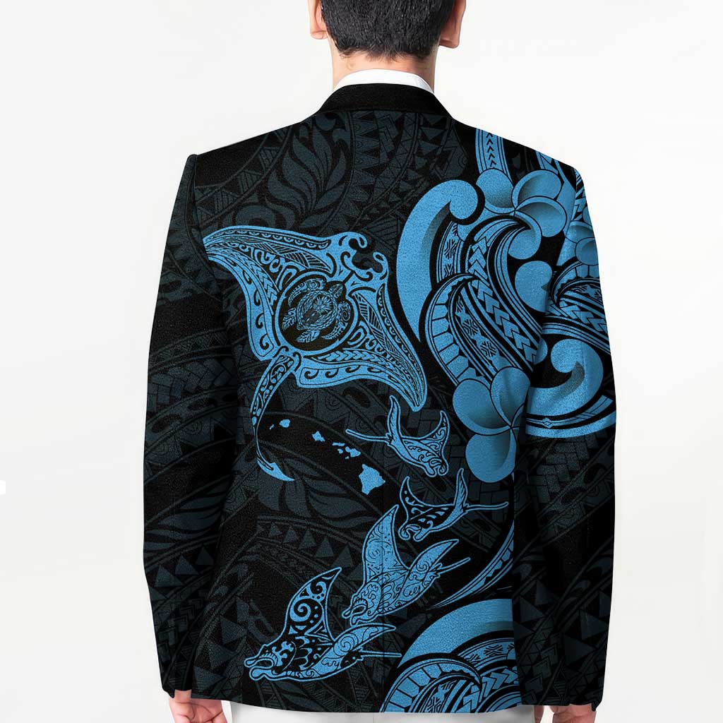 Hawaiian Manta Rays Blazer Tribal Hibiscus Polynesian Tattoos Blue Color - Polynesian Pride
