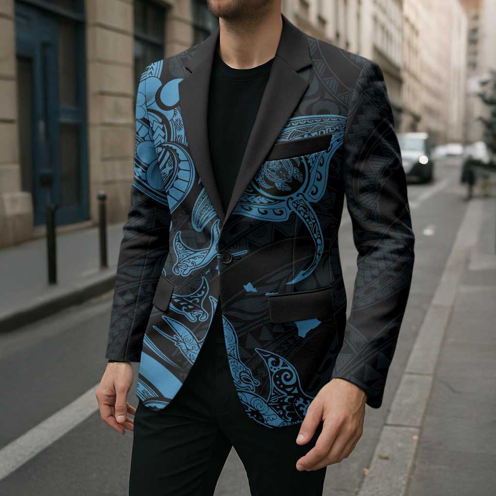Hawaiian Manta Rays Blazer Tribal Hibiscus Polynesian Tattoos Blue Color - Polynesian Pride
