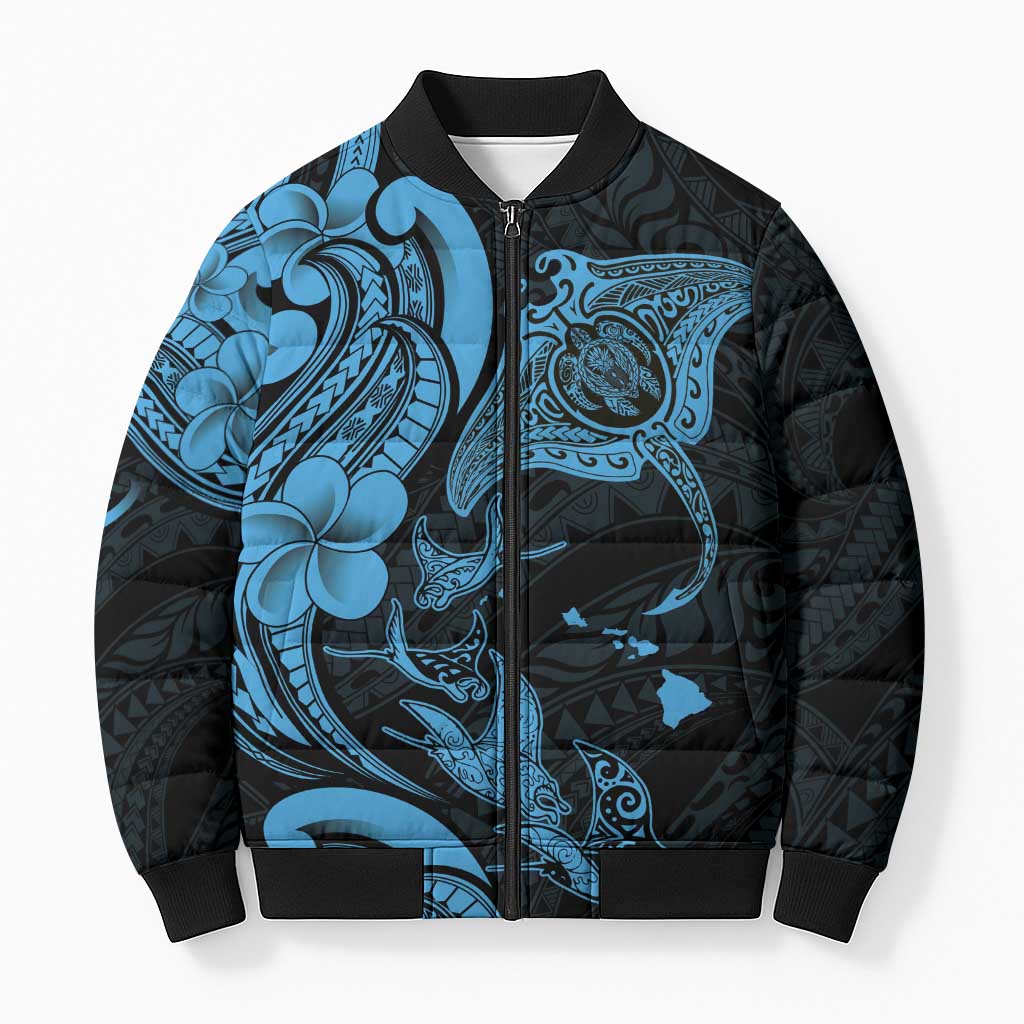 Hawaiian Manta Rays Bomber Puffer Jacket Tribal Hibiscus Polynesian Tattoos Blue Color - Polynesian Pride