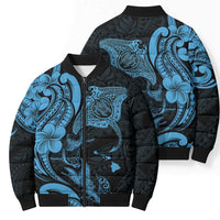 Hawaiian Manta Rays Bomber Puffer Jacket Tribal Hibiscus Polynesian Tattoos Blue Color - Polynesian Pride