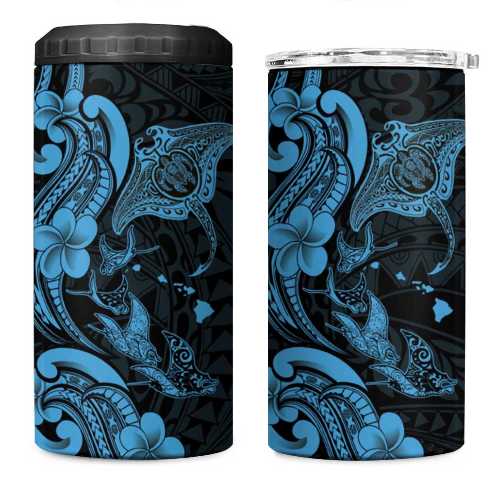 Hawaiian Manta Rays 4 in 1 Can Cooler Tumbler Tribal Hibiscus Polynesian Tattoos Blue Color - Polynesian Pride
