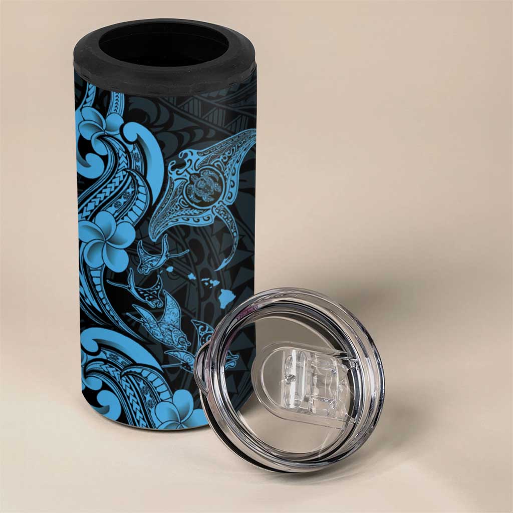 Hawaiian Manta Rays 4 in 1 Can Cooler Tumbler Tribal Hibiscus Polynesian Tattoos Blue Color - Polynesian Pride