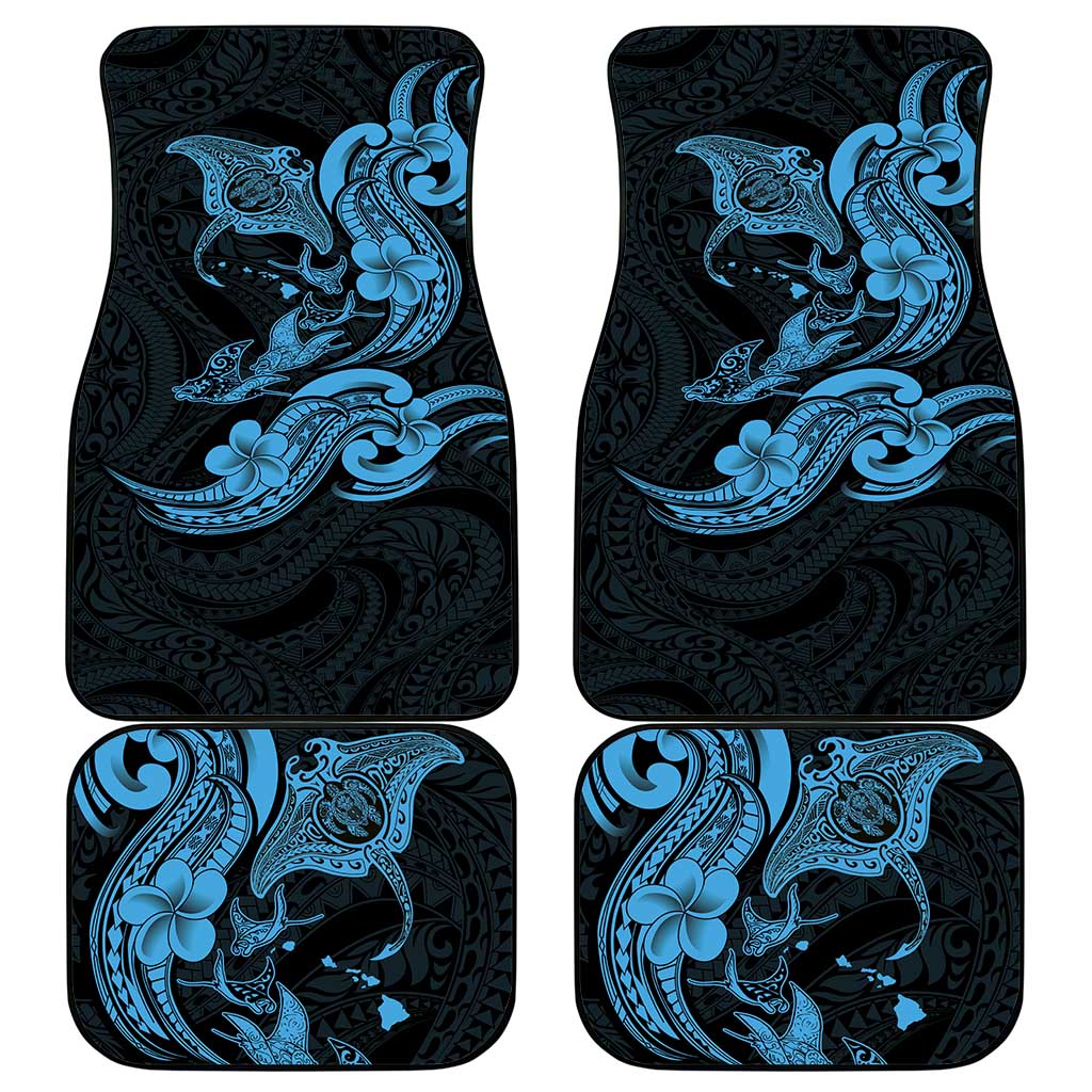 Hawaiian Manta Rays Car Mats Tribal Hibiscus Polynesian Tattoos Blue Color - Polynesian Pride
