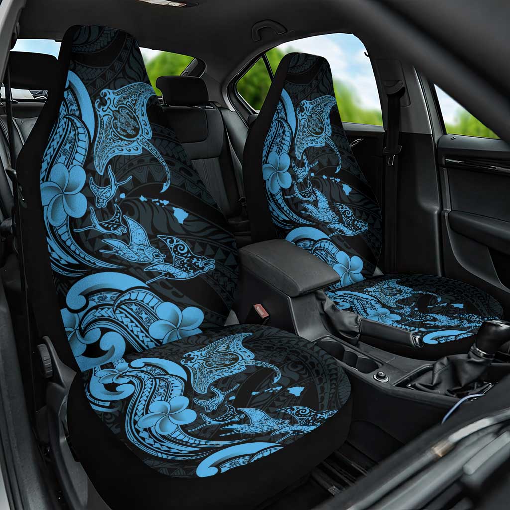Hawaiian Manta Rays Car Seat Cover Tribal Hibiscus Polynesian Tattoos Blue Color - Polynesian Pride