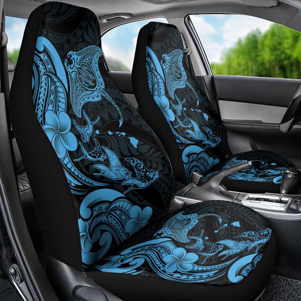 Hawaiian Manta Rays Car Seat Cover Tribal Hibiscus Polynesian Tattoos Blue Color - Polynesian Pride