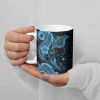 Hawaiian Manta Rays Ceramic Mug Tribal Hibiscus Polynesian Tattoos Blue Color - Polynesian Pride