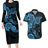 Hawaiian Manta Rays Couples Matching Long Sleeve Bodycon Dress and Hawaiian Shirt Tribal Hibiscus Polynesian Tattoos Blue Color - Polynesian Pride