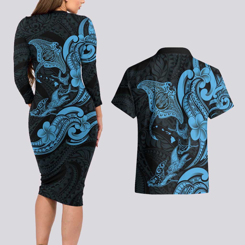 Hawaiian Manta Rays Couples Matching Long Sleeve Bodycon Dress and Hawaiian Shirt Tribal Hibiscus Polynesian Tattoos Blue Color - Polynesian Pride