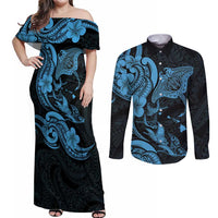 Hawaiian Manta Rays Couples Matching Off Shoulder Maxi Dress and Long Sleeve Button Shirt Tribal Hibiscus Polynesian Tattoos Blue Color - Polynesian Pride