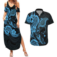 Hawaiian Manta Rays Couples Matching Summer Maxi Dress and Hawaiian Shirt Tribal Hibiscus Polynesian Tattoos Blue Color - Polynesian Pride