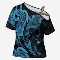 Hawaiian Manta Rays Cross Shoulder Shirt Tribal Hibiscus Polynesian Tattoos Blue Color - Polynesian Pride