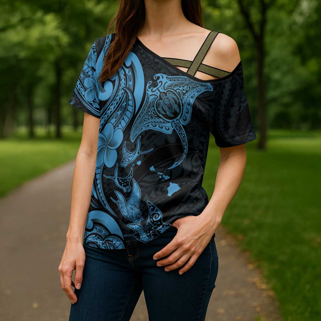 Hawaiian Manta Rays Cross Shoulder Shirt Tribal Hibiscus Polynesian Tattoos Blue Color - Polynesian Pride