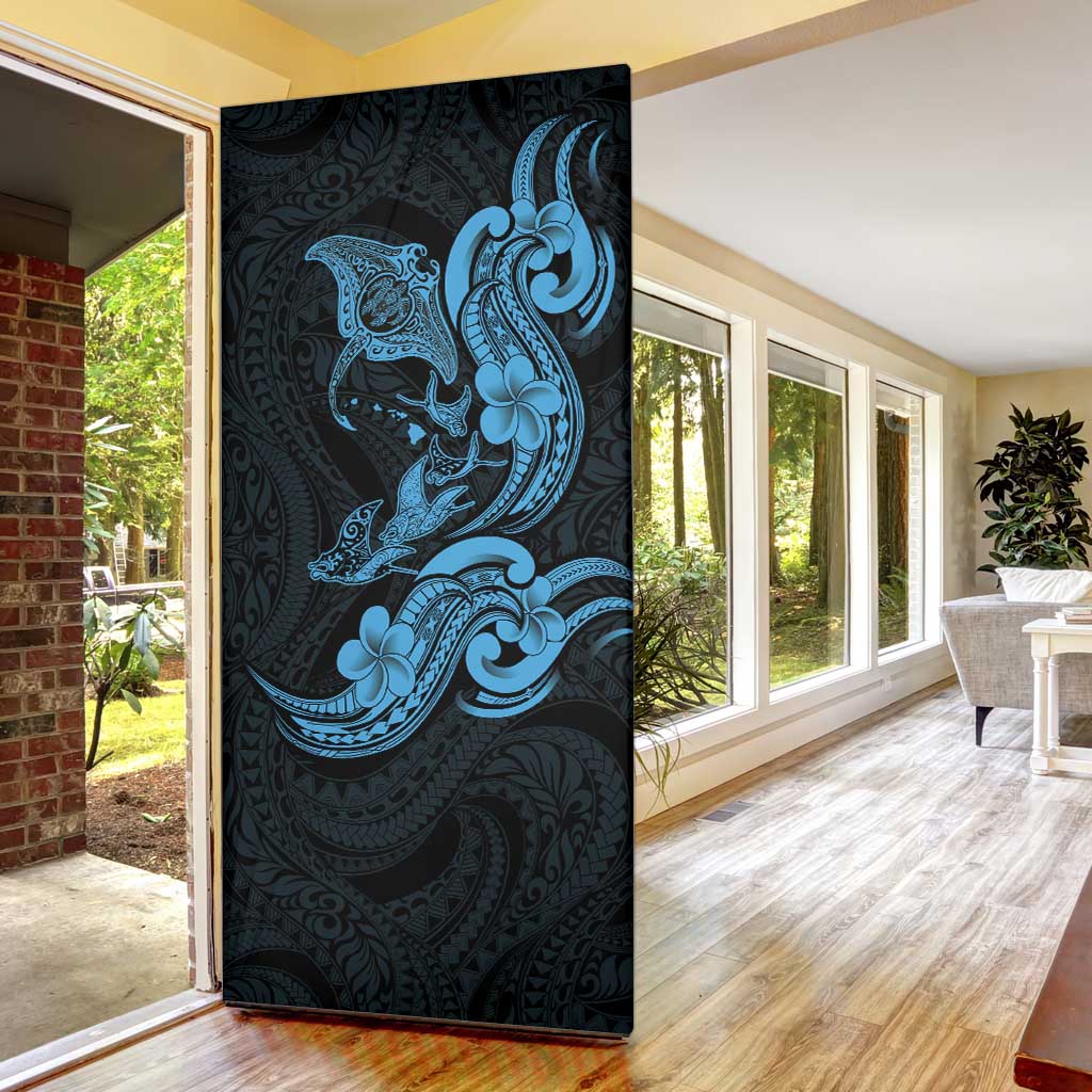Hawaiian Manta Rays Door Cover Tribal Hibiscus Polynesian Tattoos Blue Color - Polynesian Pride