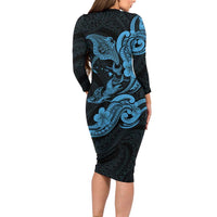 Hawaiian Manta Rays Family Matching Long Sleeve Bodycon Dress and Hawaiian Shirt Tribal Hibiscus Polynesian Tattoos Blue Color - Polynesian Pride