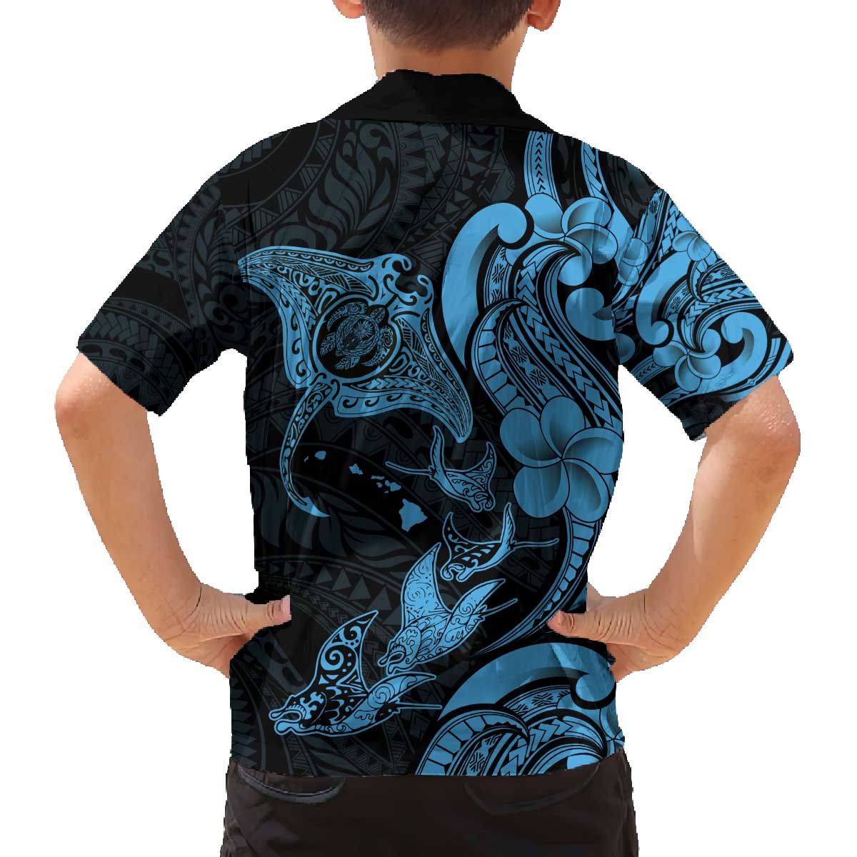 Hawaiian Manta Rays Family Matching Off The Shoulder Long Sleeve Dress and Hawaiian Shirt Tribal Hibiscus Polynesian Tattoos Blue Color - Polynesian Pride
