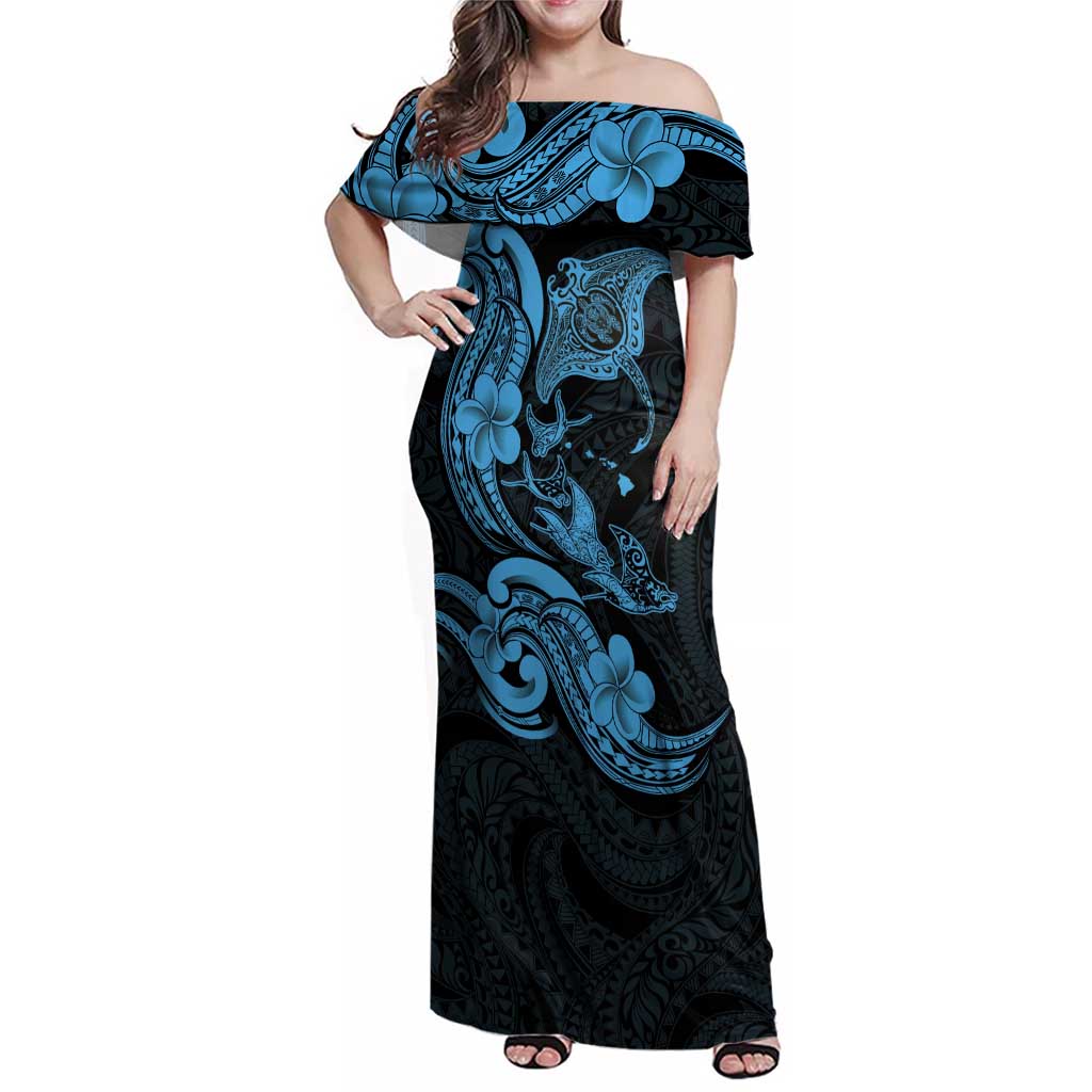 Hawaiian Manta Rays Family Matching Off Shoulder Maxi Dress and Hawaiian Shirt Tribal Hibiscus Polynesian Tattoos Blue Color - Polynesian Pride