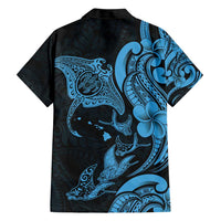 Hawaiian Manta Rays Family Matching Short Sleeve Bodycon Dress and Hawaiian Shirt Tribal Hibiscus Polynesian Tattoos Blue Color - Polynesian Pride