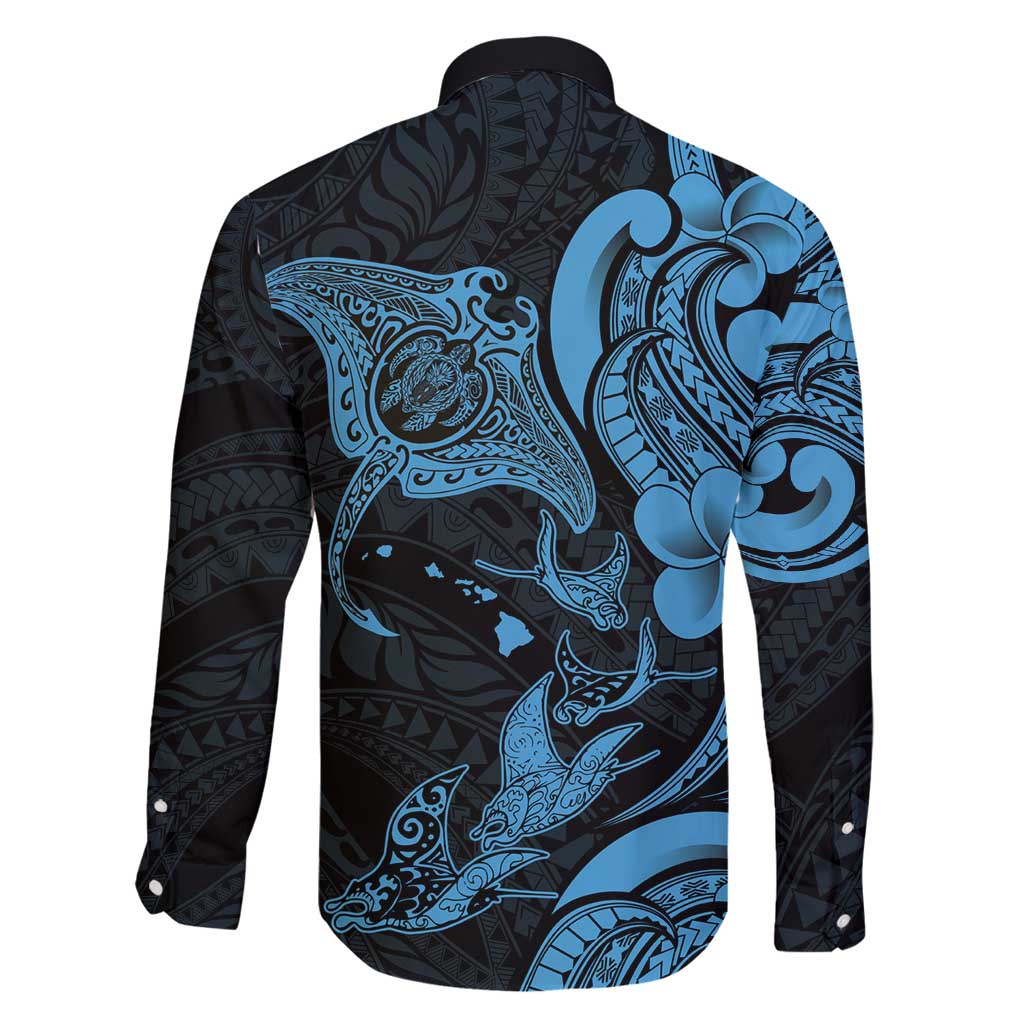 Hawaiian Manta Rays Family Matching Summer Maxi Dress and Hawaiian Shirt Tribal Hibiscus Polynesian Tattoos Blue Color - Polynesian Pride